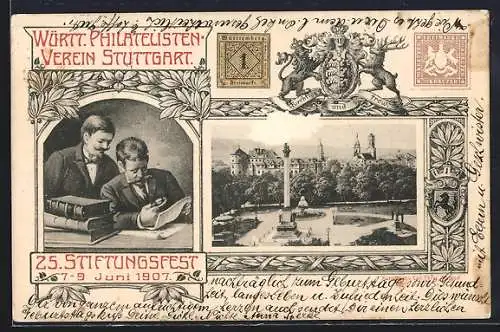 AK Stuttgart, 25. Stiftungsfest des Württembergischen Philatelisten-Vereins, Sammler mit Album und Lupe, Ganzsache