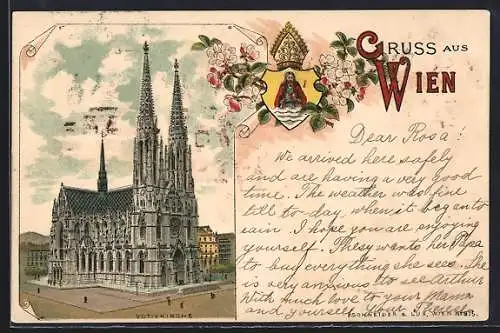 Vorläufer-Lithographie Wien, 1895, Blick auf die Votivkirche, Wappen