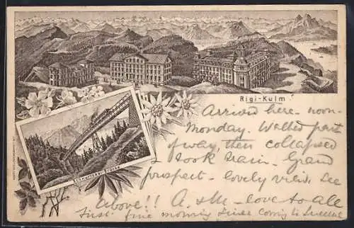Vorläufer-Lithographie Rigi-Kulm, 1894, Hotel gegen die Alpen, Schnurtobel-Brücke