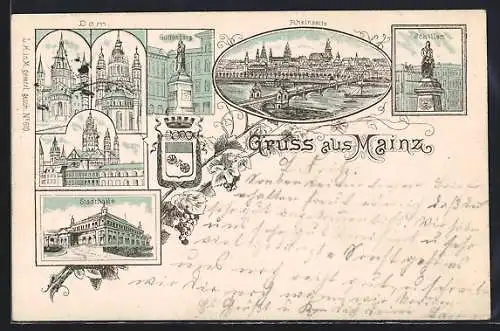 Vorläufer-Lithographie Mainz, 1892, Dom, Stadthalle, Guttenberg-Denkmal, Schiller-Denkmal, Rheinseite