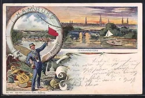 Künstler-AK Hamburg-Neustadt, Lombardsbrücke, Lotse mit Fahne, Ganzsache