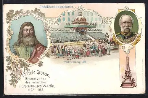 Lithographie Wettinfestzug 1889, König Albert von Sachsen, Konrad der Grosse, Ganzsache