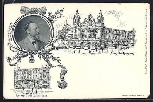 Lithographie Berlin, Neues Reichspostamt, Porträt Dr. v. Stephans, Sterbehaus Leipziger Str. 15, Ganzsache