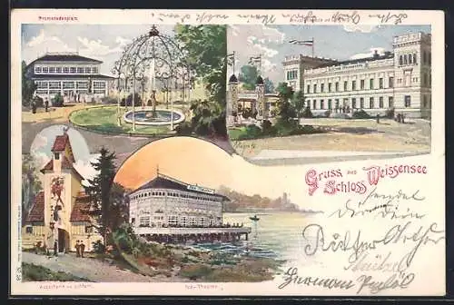 Künstler-AK Berlin-Weissensee, Schloss mit Gasthaus von R. Schenk, Promenadenplatz und Seetheater, Ganzsache PP9 F 102
