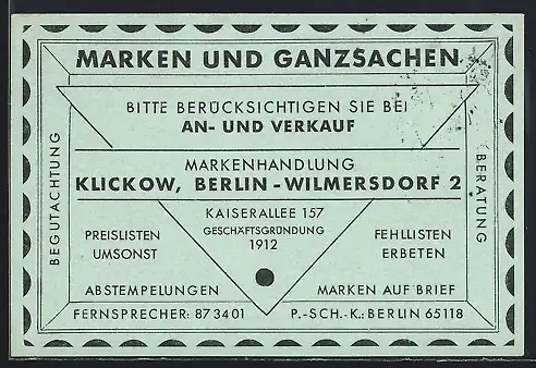 AK Berlin-Wilmersdorf, Markenhandlung Klickow, Kaiserallee 157, Marken und Ganzsachen, Ganzsache
