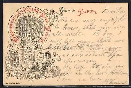 Vorläufer-Lithographie Berlin, 1893, Gasthaus Pschorrbräu-Ausschank v. Ferd. Printz, Friedrichstrasse 165, Ganzsache