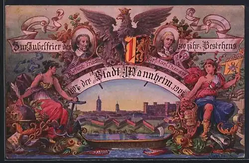 Künstler-AK Mannheim, Jubelfeier zum 300 jähr. Bestehens 1907, Ansicht im 18. Jahrhundert, Ganzsache PP27 C 90