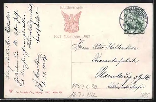 Künstler-AK Mannheim, Jubelfeier zum 300 jähr. Bestehens 1907, Ansicht im 18. Jahrhundert, Ganzsache PP27 C 90