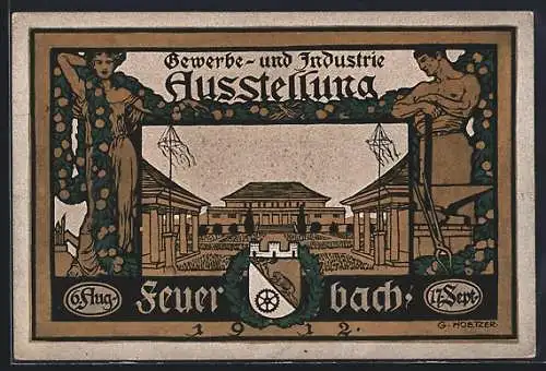 Künstler-AK Feuerbach, Gewerbe- und Industrie-Ausstellung 1912, Blick auf den Festplatz, Ganzsache
