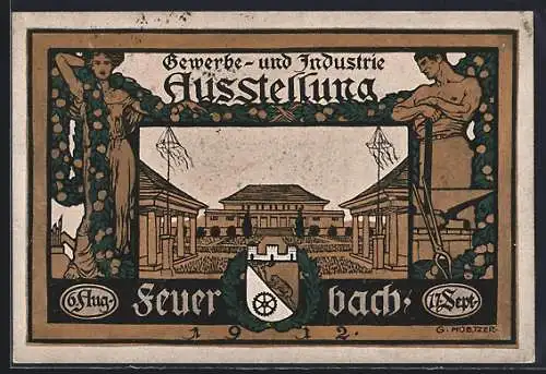 Künstler-AK Feuerbach, Gewerbe- und Industrie-Ausstellung 1912, Blick auf den Festplatz, Ganzsache