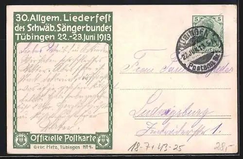 Künstler-AK Tübingen, 30. Allgemeines Liederfest des Schwäbischen Sängerbundes 1913, Komponist Silcher, Ganzsache
