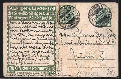 Künstler-AK Tübingen, 30. Allgemeines Liederfest des Schwäbischen Sängerbundes 1913, Ganzsache