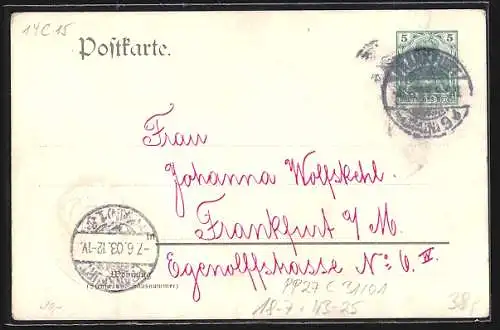AK Frankfurt, Wettstreit dt. Männer-Gesangsvereine, Wanderpreis S. M. Kais. Wilhelm II. 1903, Ganzsache PP27 C 31 /01