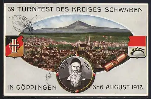 AK Göppingen, 39. Turnfest des Kreises Schwaben 1912, Turnvater Jahn, Ganzsache