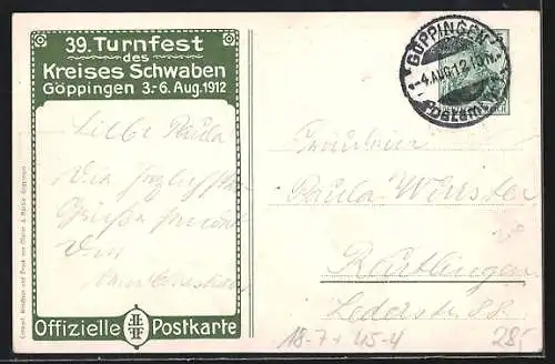 AK Göppingen, 39. Turnfest des Kreises Schwaben 1912, Turnvater Jahn, Ganzsache