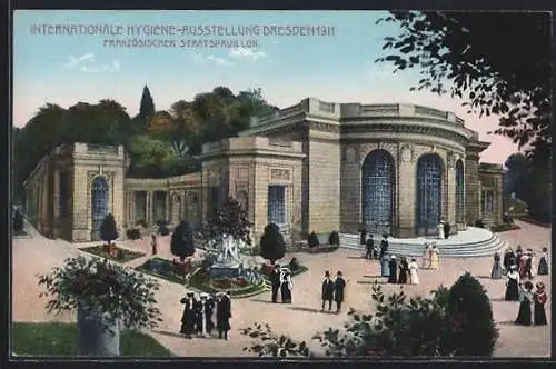 AK Dresden, Internationale Hygiene-Ausstellung 1911, Franz. Staatspavillon mit Gartenanlage, Ganzsache PP27 C121 /07