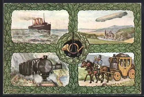 Künstler-AK Zeppelin, Eisenbahn, Dampfer und Postkutsche, Transportmittel der Post, Ganzsache