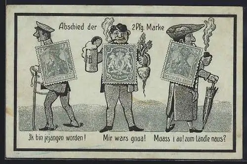 Künstler-AK Abschied der 2Pfg. Marke, Protest-Postkarte, Ganzsache