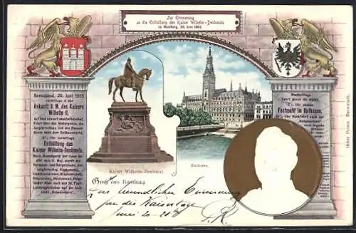 AK Hamburg, Rathaus, Wappen und geprägtes Porträt von Kaiser Wilhelm II., Ganzsache PP27 C29 /03