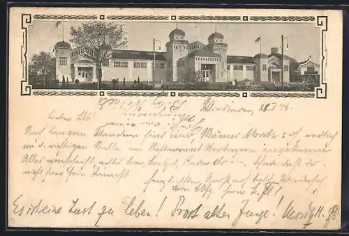 AK Wiesbaden, Ausstellung für Handwerk & Gewerbe 1909, Ausstellungshalle, Ganzsache