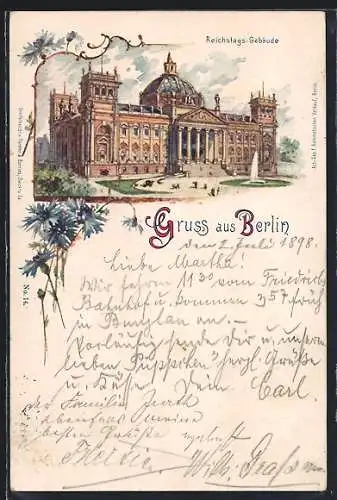 Lithographie Berlin-Tiergarten, Das Reichstags-Gebäude, Ganzsache