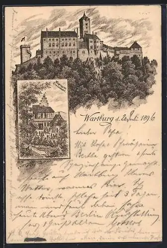 Lithographie Wartburg, Gesamtansicht, Blick auf das Restaurant, Ganzsache