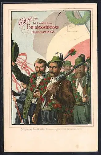 Lithographie Hannover, 14. Deutsches Bundesschiessen 1903, Zug der Schützen, Ganzsache