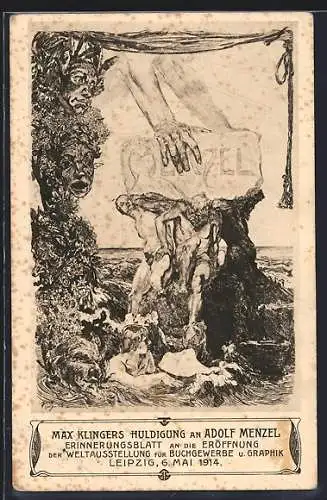 Künstler-AK Leipzig, Weltausstellung für Buchgewerbe u. Graphik 1914, Huldigung an Adolf Menzel, Ganzsache