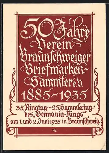 AK Braunschweig, 50 Jahre Verein der Briefmarkensammler 1885-1935, Ganzsache