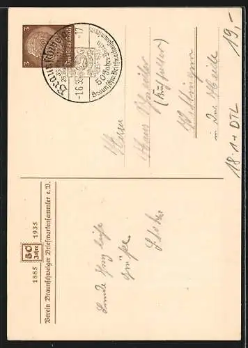 AK Braunschweig, 50 Jahre Verein der Briefmarkensammler 1885-1935, Ganzsache