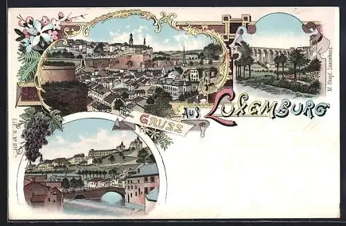 Lithographie Luxemburg, Ortsansicht, Ortspartie mit Brücke