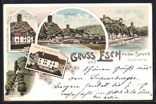 Lithographie Esch an der Sauer, Hotel des Ardennes, Hotel de la Sûre, Ortsansicht