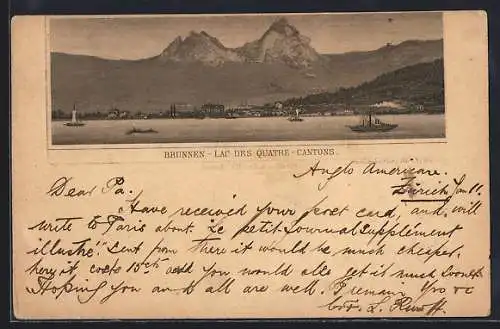 Vorläufer-Lithographie Brunnen /Lac des Quatre-Cantons, 1891, Vue panoramique