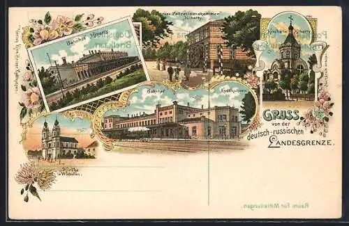 Lithographie Eydtkuhnen, Bahnhof, russ. Zollrevisionskammer und Kirche in Kibarty, Kirche in Wirballen