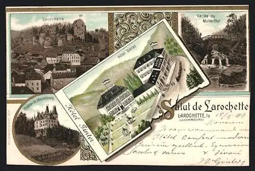 Lithographie Larochette, Hotel Ginter, Vallée du Mullerthal, Château de Meysenbourg