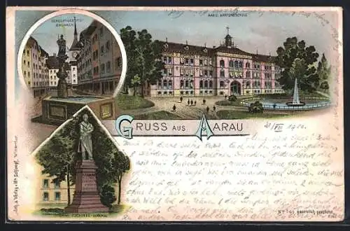 Lithographie Aarau, Zschokke-Denkmal, Kantonsschule, Gerechtigkeits-Brunnen