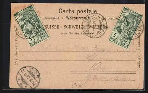 Lithographie Aarau, Zschokke-Denkmal, Kantonsschule, Gerechtigkeits-Brunnen