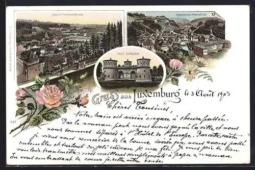 Lithographie Luxembourg, Fort Thüngen, Unterstadt Pfaffenthal