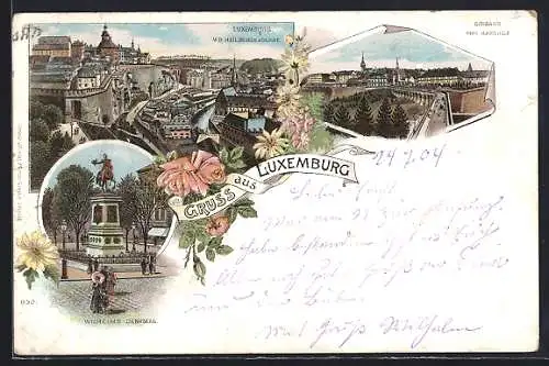 Lithographie Luxemburg, Eingang vom Bahnhof, Wilhelms-Denkmal, Ortsansicht v. d. Heil. Geist-Kaserne