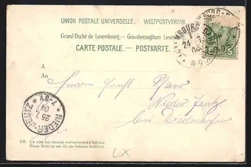 Lithographie Luxemburg, Eingang vom Bahnhof, Wilhelms-Denkmal, Ortsansicht v. d. Heil. Geist-Kaserne