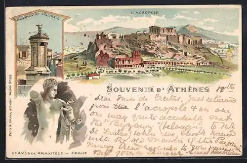 Lithographie Athenes, Hermés de Praxitéle, Monument de Lysicrate, L`Acropole