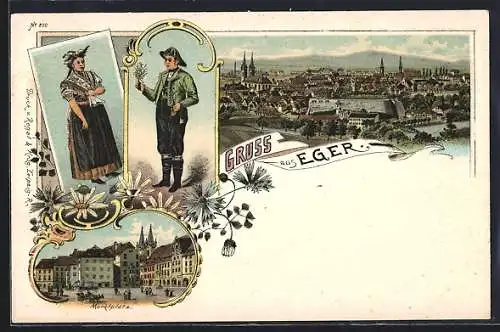 Lithographie Eger, Totalansicht, Marktplatz und Trachten