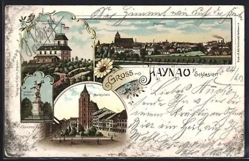 Lithographie Haynau i. Schlesien, Restaurant Hopfenberg, Marktplatz und Kriegerdenkmal