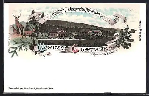 Lithographie Clatzen b. Marienbad, Gasthaus z. balzenden Auerhahn