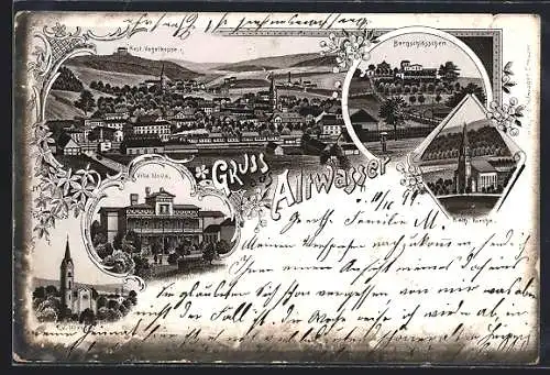 Lithographie Altwasser, Villa Nova, Bergschlösschen, Kath. Kirche und Ev. Kirche