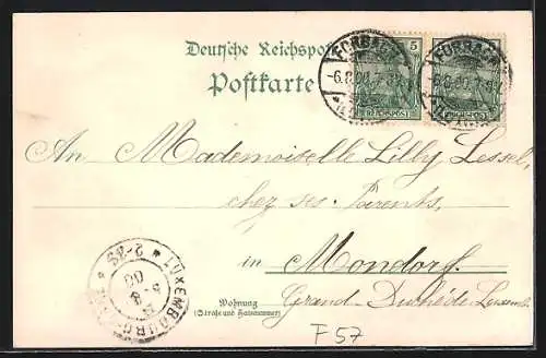 Lithographie Forbach, Marktplatz mit Rathaus, Ruine mit Aussichtsthurm