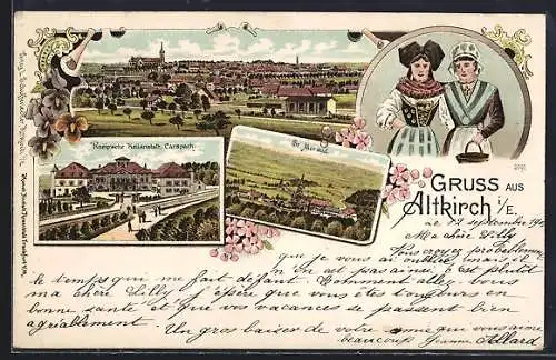 Lithographie Altkirch i. E., Kneip`sche Heilanstalt, St. Moraud, Frauen in Tracht, Totalansicht