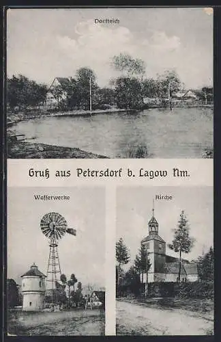 AK Petersdorf b. Lagow, Wasserwerke, Kirche und Dorfteich