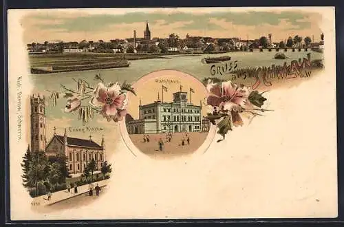 Lithographie Schwerin a. W., Rathaus, Evang. Kirche und Panorama