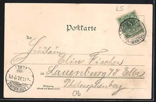 Lithographie Schwerin a. W., Rathaus, Evang. Kirche und Panorama